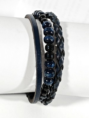 Moncuk Design Deri ve Taş Siyah ve Lacivert Erkek Bileklik - Sevgiliye Hediye