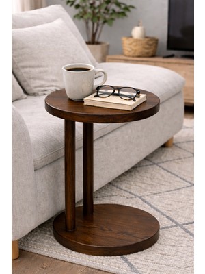 Ostende Ahşap Yan Sehpa Ceviz Renk Salon Yatak Odası Komodin Koltuk Yanı Iskandinav Demonte Sehpa Oval Form