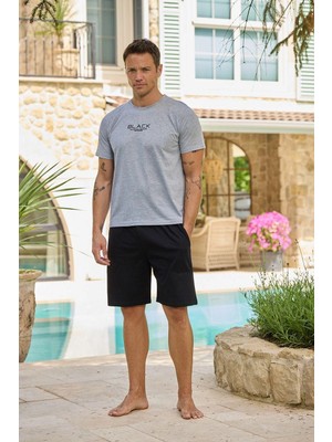 Pijamoni Kısa Kollu Şortlu Erkek Açık Gri Pijama Takımı