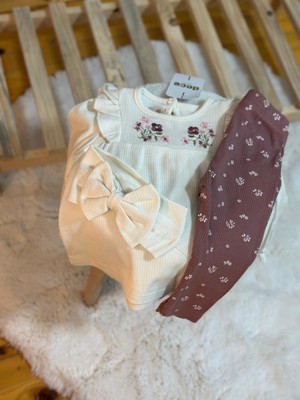 Mini Moda House Çiçek Nakışlı Bandanalı Fiyonklu Kız Takım