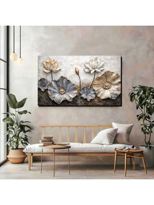 Lotus Çiçekleri 3D Efekt Kanvas Tablo – Modern Lüks Duvar Dekoru