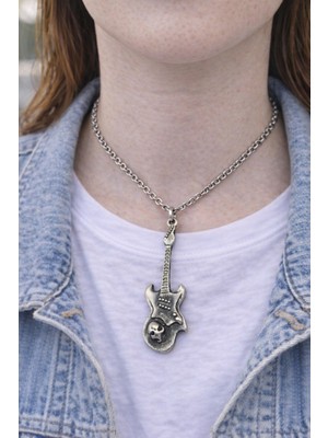 Herşey Nota Skull Guitar – Kuru Kafa Detaylı Gümüş Renk Unisex Uzun Kolye