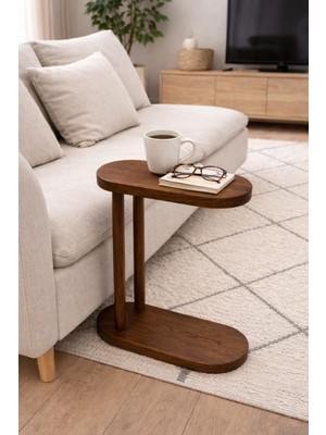 Ostende Ahşap Yan Sehpa Ceviz Renk Salon Yatak Odası Komodin Koltuk Yanı Iskandinav Demonte Sehpa C Form