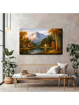 Doğa Manzara Kanvas Tablo – Köy Evleri & Nehir Temalı Vintage Duvar Dekoru