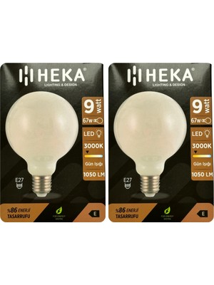 (2 Adet) Heka 9W (67W) 3000K (Sarı Işık) E27 Duylu (Kalın Duy) LED Glop G95 Ampul