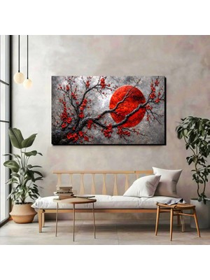 Kırmızı Güneş & Sakura Ağacı Kanvas Tablo – Japon Minimal Zen Dekorasyonu