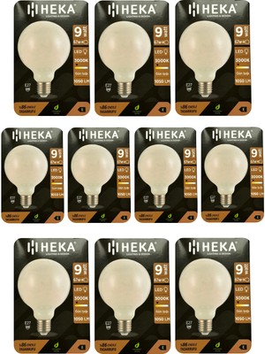 (10 Adet) Heka 9W (67W) 3000K (Sarı Işık) E27 Duylu (Kalın Duy) LED Glop G95 Ampul