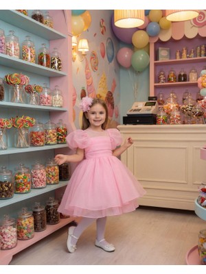 Kız Çocuk Balon Kollu Şifon Pembe  Abiye Elbise Taç Hediyeli 1-5 Yaş