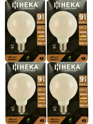(4 Adet) Heka 9W (67W) 3000K (Sarı Işık) E27 Duylu (Kalın Duy) LED Glop G95 Ampul