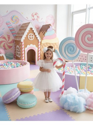 Kız Çocuk Balon Kollu Şifon Beyaz  Abiye Elbise Taç Hediyeli 1-5 Yaş