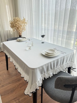 Ars Dt Beyaz Keten Masa Örtüsü Fırfırlı Biye Görünümlü Dekoratif