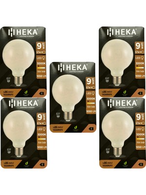 (5 Adet) Heka 9W (67W) 3000K (Sarı Işık) E27 Duylu (Kalın Duy) LED Glop G95 Ampul