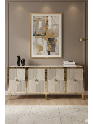 Yumedi Design KA1811BTG - Temtem Konsol ,tv Sehpası , Çok Amaçlı Dolap, Kahve Köşesi 180 cm Beyaz-Traverten-Gold