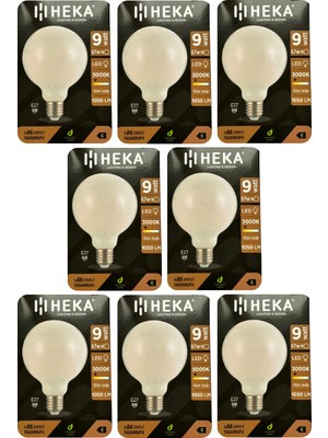 (8 Adet) Heka 9W (67W) 3000K (Sarı Işık) E27 Duylu (Kalın Duy) LED Glop G95 Ampul