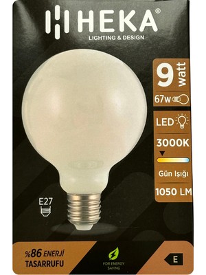 (1 Adet) Heka 9W (67W) 3000K (Sarı Işık) E27 Duylu (Kalın Duy) LED Glop G95 Ampul
