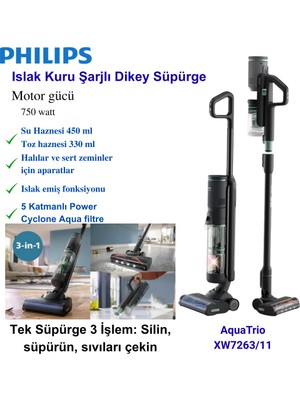 Philips 7000 Serisi Aquatrio XW7263/11 Islak Kuru Şarjlı Dikey Süpürge + Hassas Mutfak Tartısı Hediye