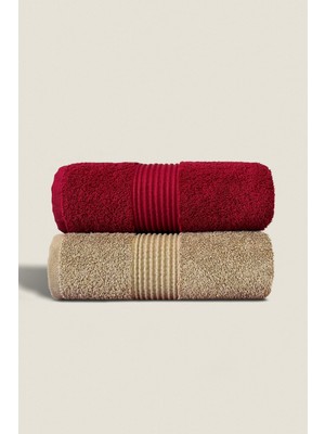 Ellaline 2'li Havlu Seti %100 Pamuk Sertifikalı El Yüz Mutfak Havlusu 50X90CM Bordo - Bej