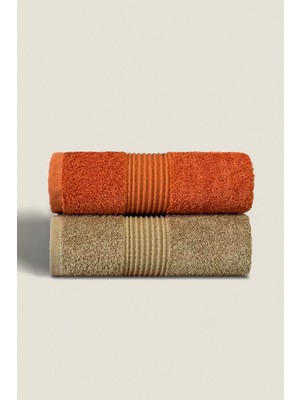 Ellaline 2'li Havlu Seti %100 Pamuk Sertifikalı El Yüz Mutfak Havlusu 50X90CM Kiremit Turuncu - Bej