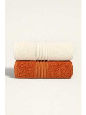 Ellaline 2'li Havlu Seti %100 Pamuk Sertifikalı, Çizgili Bordürlü El Yüz Mutfak Havlusu 50X90CM Turuncu - Krem