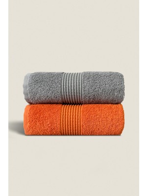 Ellaline 2'li Havlu Seti %100 Pamuk Sertifikalı, Çizgili Bordürlü El Yüz Mutfak Havlusu 50X90CM Turuncu - Gri