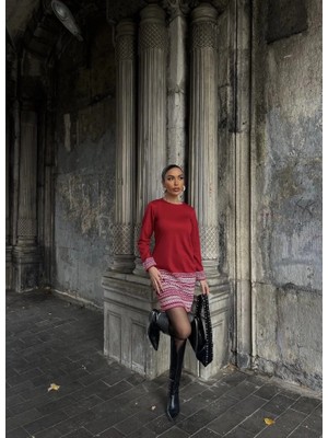 Arona Mdb Kadın Uzun Kollu Bisiklet Yaka Kol Ağzı ve Etek Ucu Baskılı Iki Iplik Elbise