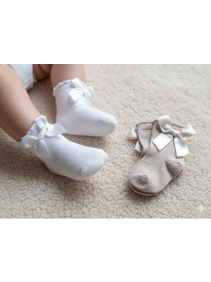 Pure Baby Natura 3 Çift Kız Bebek Çorabı, Fiyonk, Dantel, Brode Detaylı