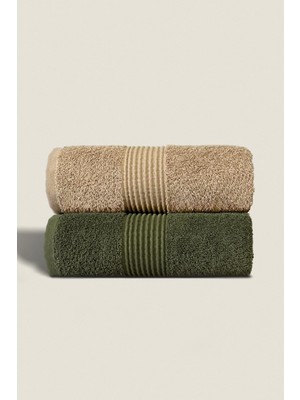 Ellaline 2'li Havlu Seti %100 Pamuk Sertifikalı El Yüz Mutfak Havlusu 50X90CM Bej - Koyu Yeşil