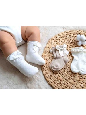Pure Baby Natura 3 Çift Kız Bebek Çorabı, Fiyonk, Dantel, Brode Detaylı
