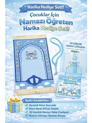 Simply Line Namaz öğreniyorum ve çizelgesi tesbih hediyeli Büyük Boy 45X90 Kız Erkek Çocuk Namaza Ilk Adım Çocuk Seccadesi Eğlenceli Dekoratif Namazlık hediyelik