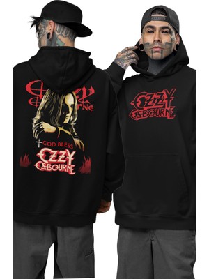 Fuddy Moda Unisex God Bless Ozzy Osbourne Sırt Baskılı Kapüşonlu Sweatshirt, Oversize Black Sabbath Hoodie