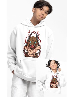 Fuddy Moda Demon Slayer Inosuke Baskılı Kapüşonlu Sweatshirt, Unisex Oversize Anime Baskılı Hoodie