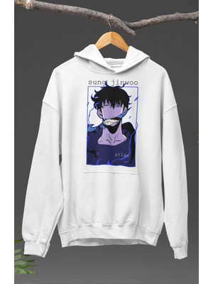 Fuddy Moda Unisex Sung Jinwoo Yazılı Kapüşonlu Sweatshirt, Oversize Solo Leveling Anime Temalı Hoodie