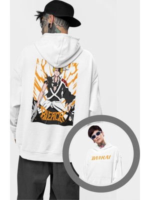 Fuddy Moda Oversize Bleach Ichigo Kurosaki Sırt Baskılı Kapüşonlu Sweatshirt, Unisex Anime Temalı Hoodie