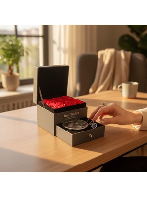 Hediyesahibi Kişiye Özel Fotoğraflı Çekmeceli Gül Kutusu & Istiridye Içinde Gerçek Inci Kolye Hediye Seti