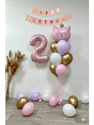 Patladı Gitti 2 Yaş Kedi Temalı Doğum Günü Balon Seti – Pembe Gold Konsept
