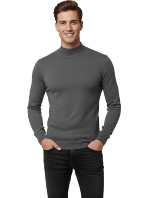 DeepSEA Antrasit Slim Fit Yarım Balıkçı Yaka Likralı İnce Triko Erkek Yarım Boğazlı Kazak 2505502