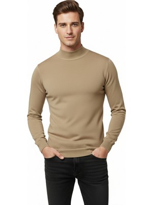 DeepSEA Camel Slim Fit Yarım Balıkçı Yaka Likralı İnce Triko Erkek Yarım Boğazlı Kazak 2505502