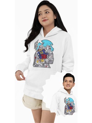 Fuddy Moda Unisex Gundam Robot Baskılı Kapüşonlu Sweatshirt, Oversize Anime Temalı Hoodie