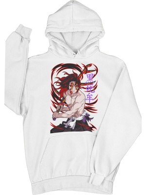 Fuddy Moda Unisex Demon Slayer Karakter Baskılı Kapüşonlu Sweatshirt, Oversize Kokushibo Anime Temalı Hoodie