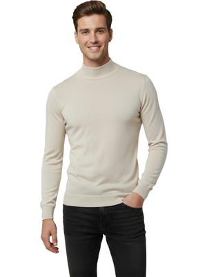 DeepSEA Bej Slim Fit Yarım Balıkçı Yaka Likralı İnce Triko Erkek Yarım Boğazlı Kazak 2505502