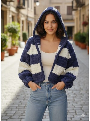 A&D Handmade El Örgüsü Puffy Kapşonlu Crop Kadın Hırka