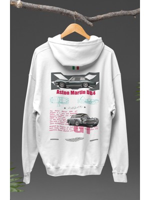Fuddy Moda Oversize Grey Db-4 Sırt Baskılı Kapüşonlu Sweatshirt, Unisex Klasik Araba Temalı Hoodie