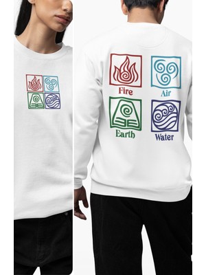 Fuddy Moda Unisex Oversize Avatar Ateş Su Hava Toprak Krallığı Sırt Baskı Bisiklet Yaka Kapüşonsuz Sweatshirt