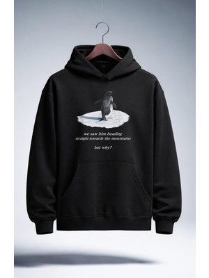 Fuddy Moda Unisex Oversize But Why Nihilist Yalnız Penguen Baskılı Kapüşonlu Sweatshirt