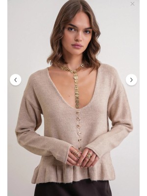 Mixray Fırfır Detaylı V Yaka Triko Kazak Bej *regular Kalıp*