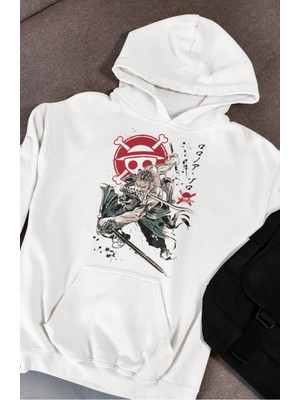 Fuddy Moda Unisex One Piece Zoro Baskılı Kapüşonlu Sweatshirt, Oversize Op Anime Temalı Hoodie