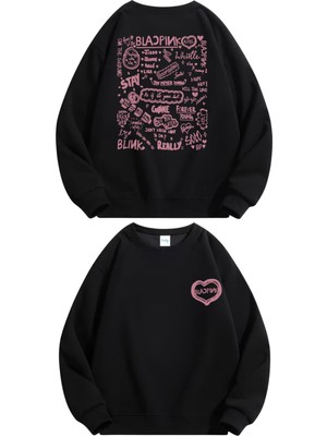 Fuddy Moda Unisex Oversize Blackpink Kpop Şarkılar Sırt Baskılı Bisiklet Yaka Kapüşonsuz Sweatshirt