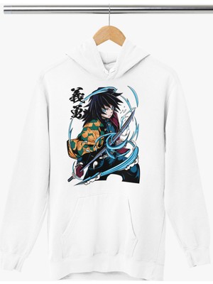 Fuddy Moda Unisex Giyu Tomioka Baskılı Kapüşonlu Sweatshirt, Oversize Demon Slayer Anime Temalı Hoodie