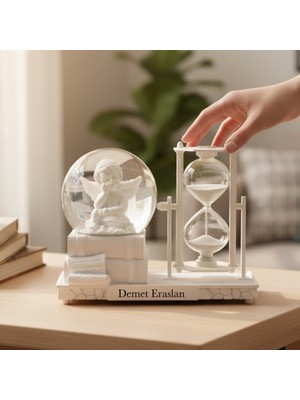 Keyfim Shop Sevgililer Günü Hediyesi Kişiye Özel Isimli Işıklı Müzikli Melek Kar Küresi ve Kum Saati Seti