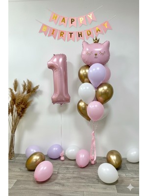 Patladı Gitti 1 Yaş Kedi Temalı Doğum Günü Balon Seti – Pembe Gold Konsept